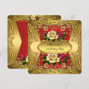 Elite Red Cream Roses Ornate Gold Birthday Party Invitation