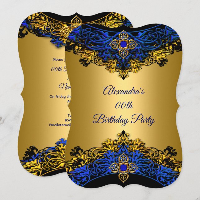 Elite Royal Blue Gem Gold Black Birthday Party Invitation (Front/Back)