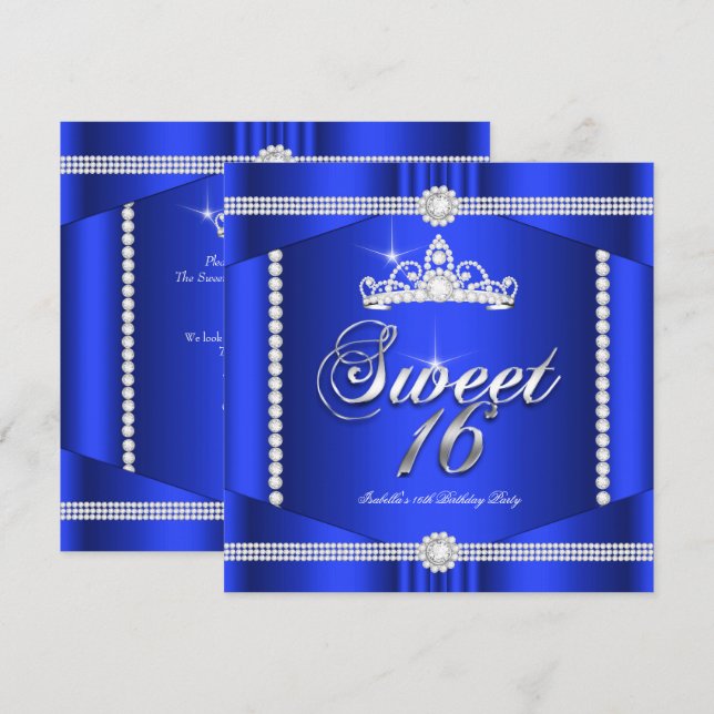 Elite Royal Blue Princess Sweet 16 Party Diamond Invitation (Front/Back)