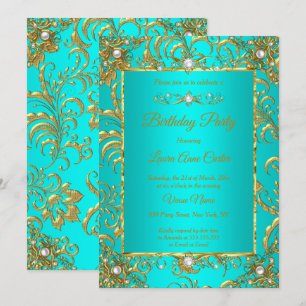 Elite Teal Blue Gold Damask Pearl Birthday Party Invitation