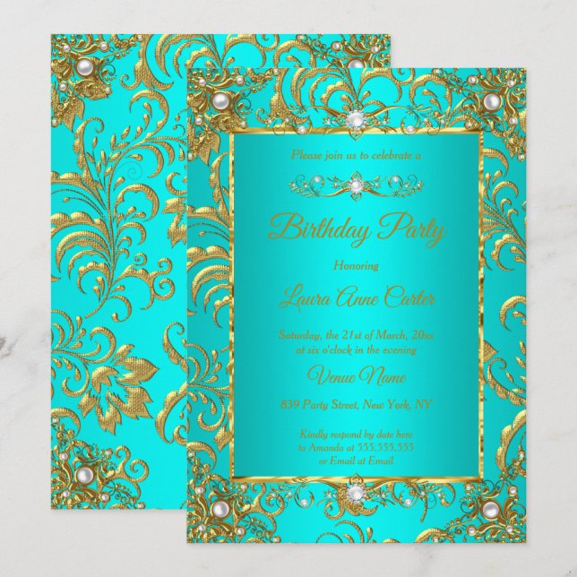 Elite Teal Blue Gold Damask Pearl Birthday Party Invitation (Front/Back)