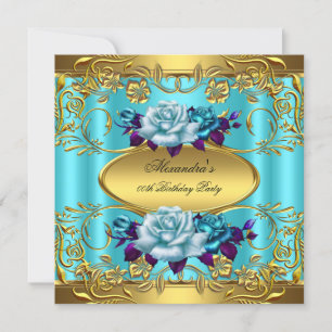 Elite Teal Blue Roses Gold Birthday Party Invitation