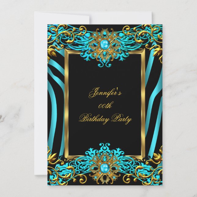 Elite Teal Blue Zebra Gold Black Birthday Party Invitation (Front)