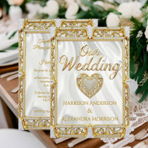Elite Wedding Gold White Silk Diamond Frame Heart