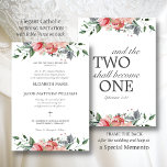 Elizabeth Elegant Pink Flowers Catholic Wedding Invitation<br><div class="desc">This feminine and elegant, blush pink, floral Catholic wedding invitation would be gorgeous for a spring or summer wedding. It features two beautiful bouquets of roses with botanical greenery, a simple cross and your event details written in calligraphy script and serif typography in a super chic shade of charcoal grey....</div>