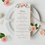 Elizabeth Pink Floral Script Wedding Menu<br><div class="desc">This elegant wedding menu features a beautiful bouquet of pink and grey watercolor flowers and your menu details written in a pretty calligraphy script and classic serif font. Beneath the word "Menu" are your names and wedding date followed by your starter courses, entrees and desserts. This stylish menu can also...</div>