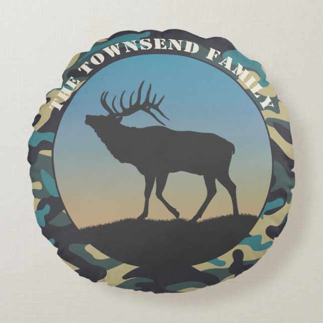 Elk and Camo Blue Round Pillow (Front)
