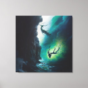 Elk Antlers Magical Witchy Green Portal AI Art Canvas Print