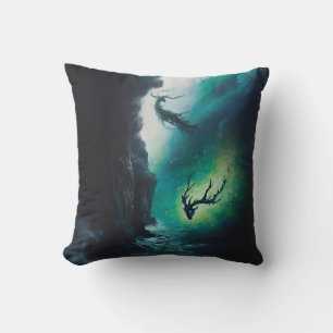 Elk Antlers Magical Witchy Green Portal AI Art Throw Pillow