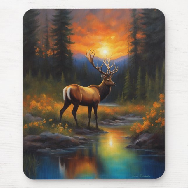 Elk at Rocky Mountain Stream Beautiful Painting Mouse Pad (Front)