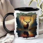 Elk at Sunrise Forest Reflection Mug<br><div class="desc">Start your day with the majestic beauty of the Elk at Sunrise Forest Reflection Mug. This stunning mug features a regal elk standing by a tranquil forest lake at sunrise, with the golden light and serene trees beautifully reflected in the water. Customized with your name, it adds a personal touch...</div>