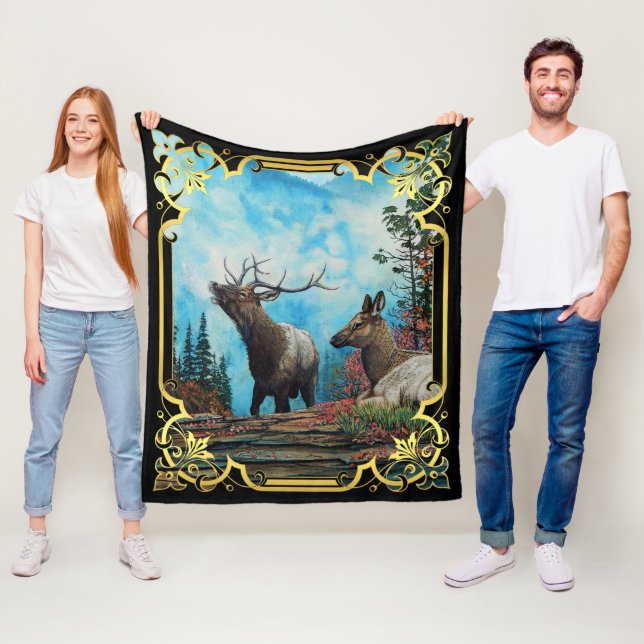 Elk, bull and cow in Montana forest Fleece Blanket (In Situ)
