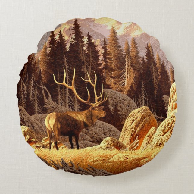 Elk Bull Round Pillow (Front)