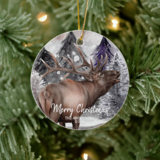 Elk Deer Watercolor in Forest Christmas Ornament