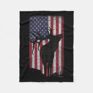 Elk Hunting Bugling Bull Us Flag - American Retro Fleece Blanket