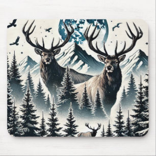 Elk in a Mystical Forest Under a Moonlit Mountain Mouse Pad