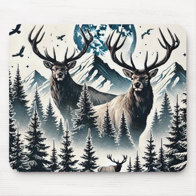 Elk in a Mystical Forest Under a Moonlit Mountain Mouse Pad (Front)