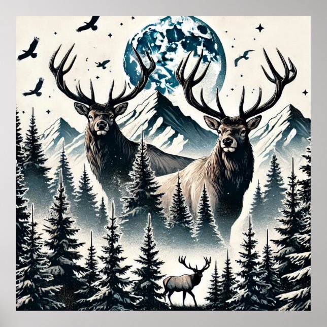 Elk in a Mystical Forest Under a Moonlit Mountain Poster (Front)