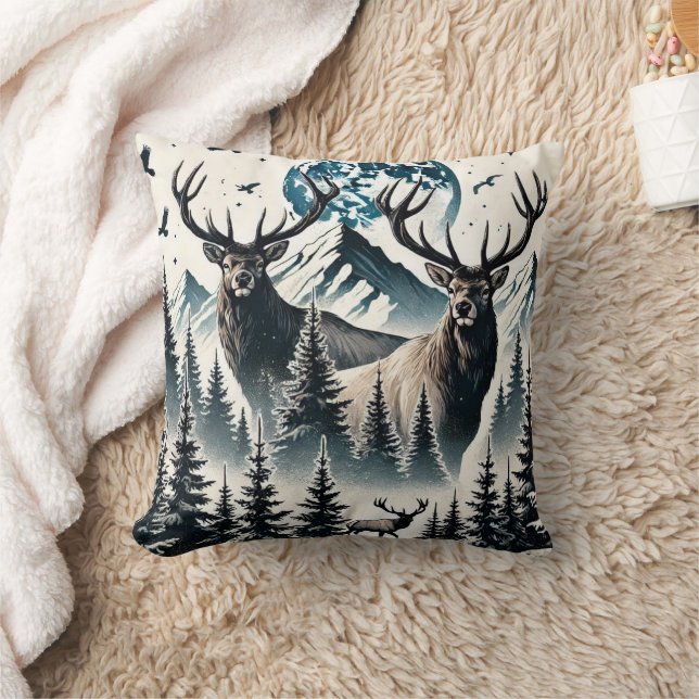 Elk in a Mystical Forest Under a Moonlit Mountain Throw Pillow (Blanket)