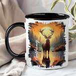 Elk in Autumn Forest Lake Reflection Mug<br><div class="desc">Embrace the beauty of nature with the Elk in Autumn Forest Lake Reflection Mug. This captivating mug features a majestic elk standing by a tranquil forest lake during autumn, with the vibrant fall foliage and serene landscape reflected in the water. Customized with your name, it adds a unique and personal...</div>
