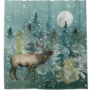 Elk in Forest Full Moon Snowfall Watercolor