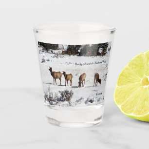 Elk in snow shot glass