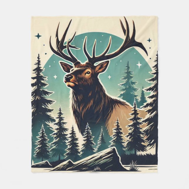 Elk in Stylized Forest with Starry Night Sky Fleece Blanket (Front)