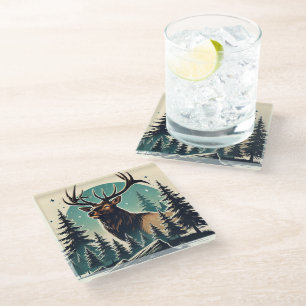 Elk in Stylized Forest with Starry Night Sky Glass Coaster