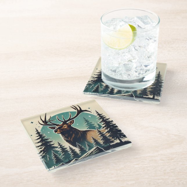 Elk in Stylized Forest with Starry Night Sky Glass Coaster (Angled)