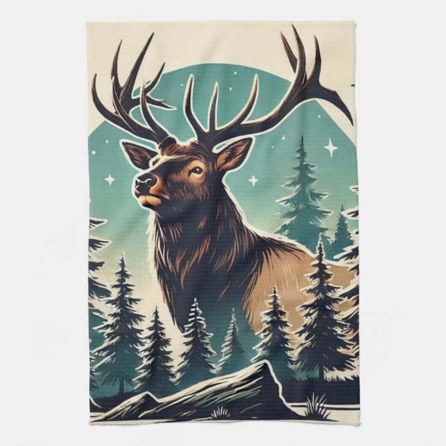 Elk in Stylized Forest with Starry Night Sky Kitchen Towel (Vertical)