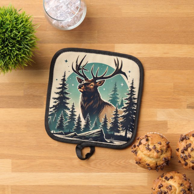 Elk in Stylized Forest with Starry Night Sky Pot Holder (Top Down)