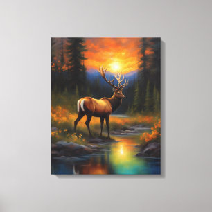 Elk Standing Mountain Steam Colourful Sunset  Canvas Print