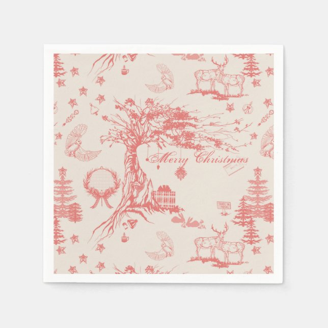 Elk Woods French Toile in Coral w/ Personalization Napkin (Front)