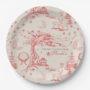 Elk Woods French Toile in Red with Personalization Paper Plate