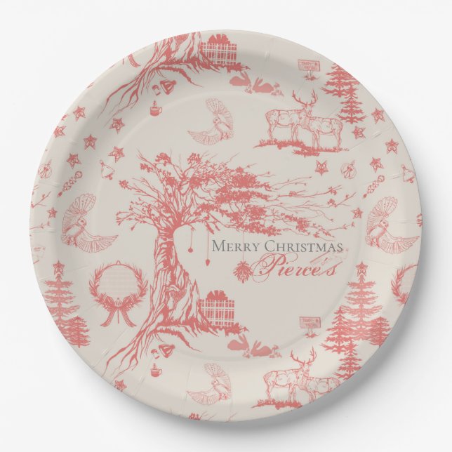 Elk Woods French Toile in Red with Personalization Paper Plate (Front)