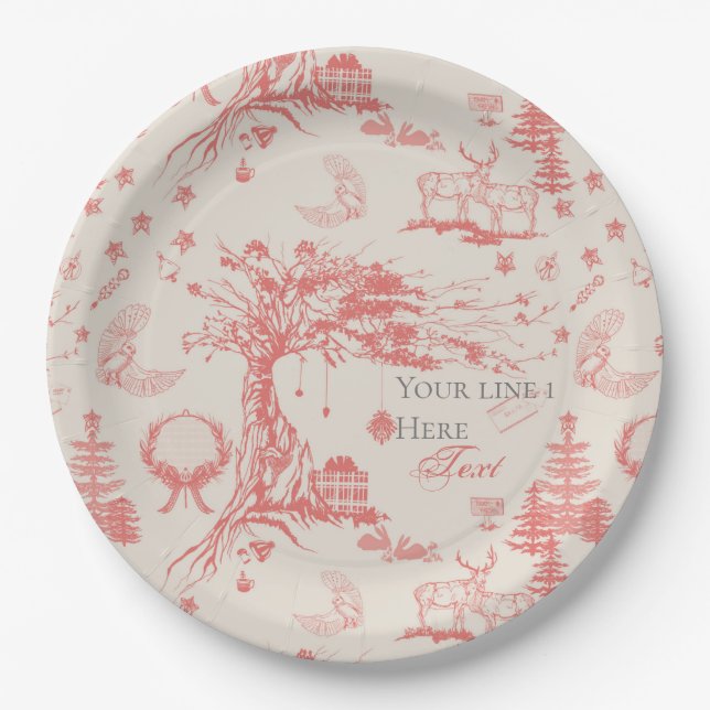 Elk Woods French Toile in Red with Personalization Paper Plate (Front)
