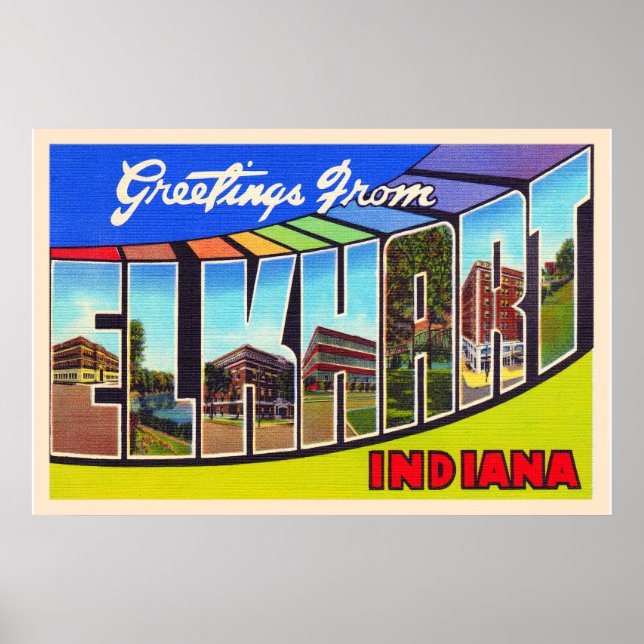 Elkhart Indiana IN Vintage Large Letter Postcard Poster (Front)