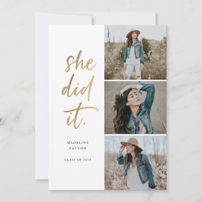 Elle L'A Fait Gold & White Graduation Faire-part (Devant)