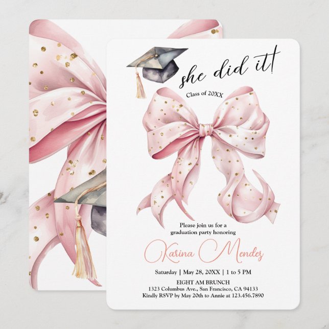 Elle l'a fait Rose Gold Graduation Invitation (Devant / Derrière)