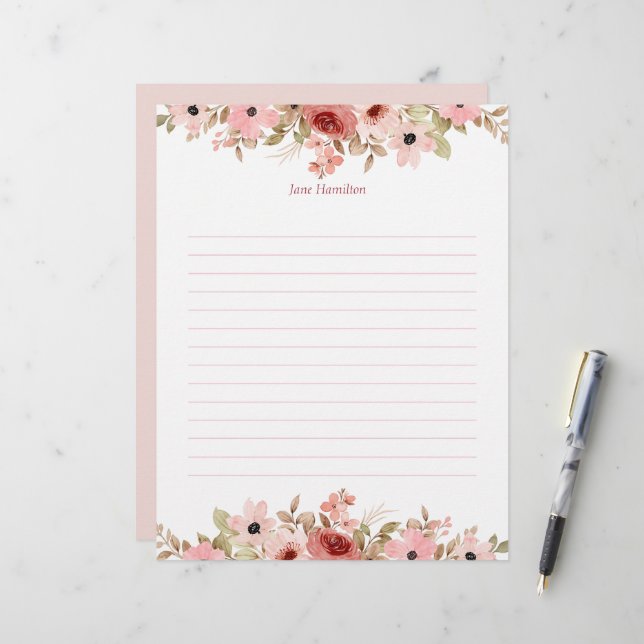 ELLE Pink Flower Elegant Lined Letterhead (Front/Back In Situ)