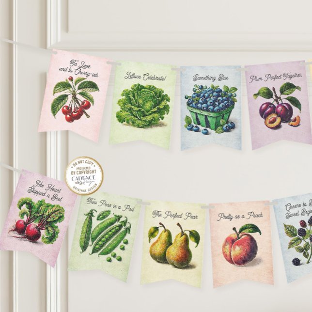 Elle sort de la bannière de la mariée (She's Off the Market Bridal Shower Bunting with fruits and vegetables and clever love-themed puns)