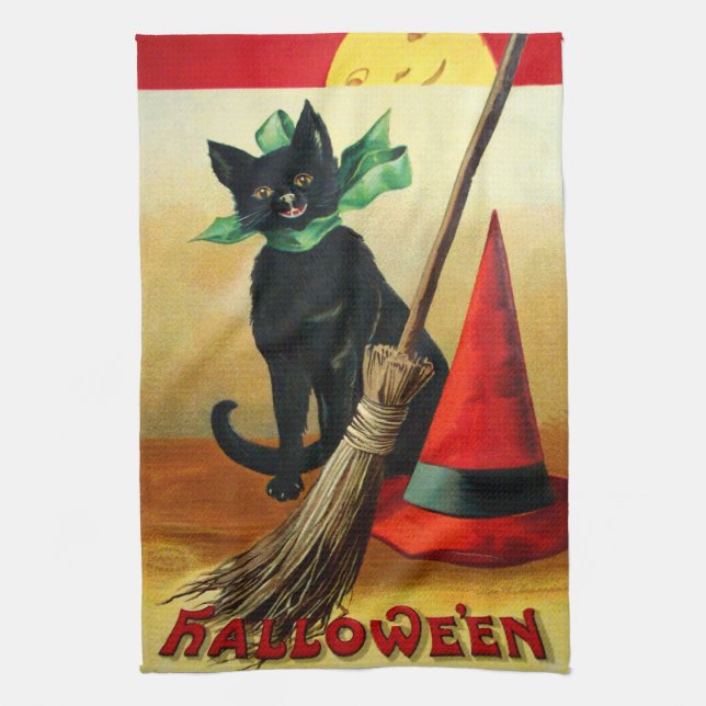 Ellen H. Clapsaddle: Black Cat, Broom and Hat Kitchen Towel (Vertical)