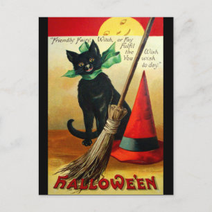 Ellen H. Clapsaddle: Black Cat, Broom and Hat Postcard