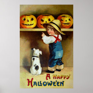 Ellen H. Clapsaddle: Boy, Dog and Jack O'Lanterns Poster