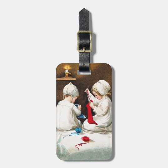Ellen H. Clapsaddle: Girls Stitching Stockings Luggage Tag