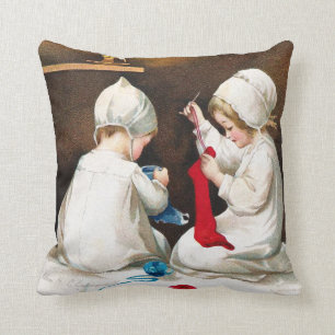 Ellen H. Clapsaddle: Girls Stitching Stockings Throw Pillow