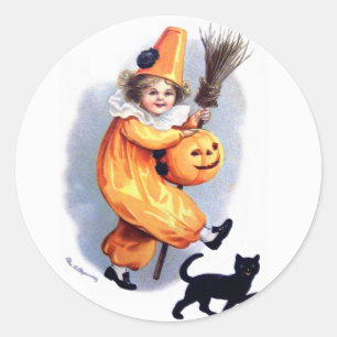 Ellen H. Clapsaddle: Halloween Harlequin with Cat Classic Round Sticker