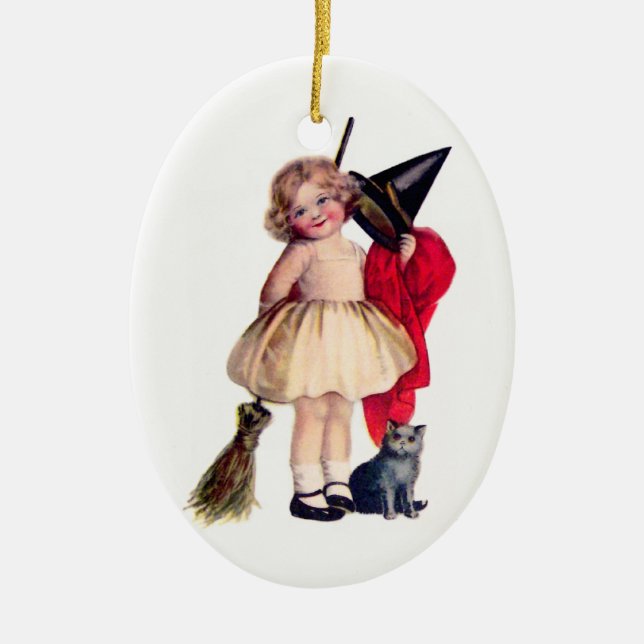 Ellen H. Clapsaddle: Little Witch with Cat Ceramic Ornament (Front)