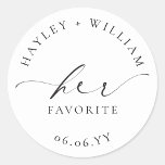 Ellesmere Her Favourite Favour Classic Round Stick Classic Round Sticker<br><div class="desc">These wedding favour stickers feature a minimalist design and calligraphy heading. Personalize the stickers with your names and date, the script heading is not editable. These favour stickers can be used for weddings, bridal showers, baby showers, birthdays, or any other event. For more advanced customization of this design, simply select...</div>