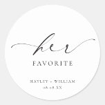 Ellesmere Her Favourite Favour Classic Round Stick Classic Round Sticker<br><div class="desc">These wedding favour stickers feature a minimalist design and calligraphy heading. Personalize the bags with your names and date, the script heading is not editable. These favour stickers can be used for weddings, bridal showers, baby showers, birthdays, or any other event. For more advanced customization of this design, simply select...</div>